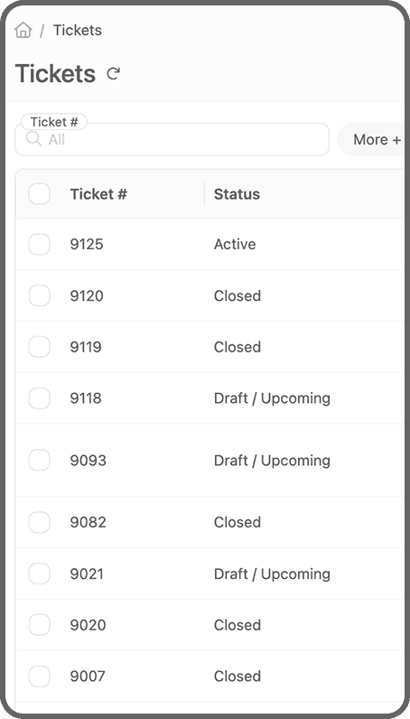 The tickets table in Oil Command, with status, customer office and location columns